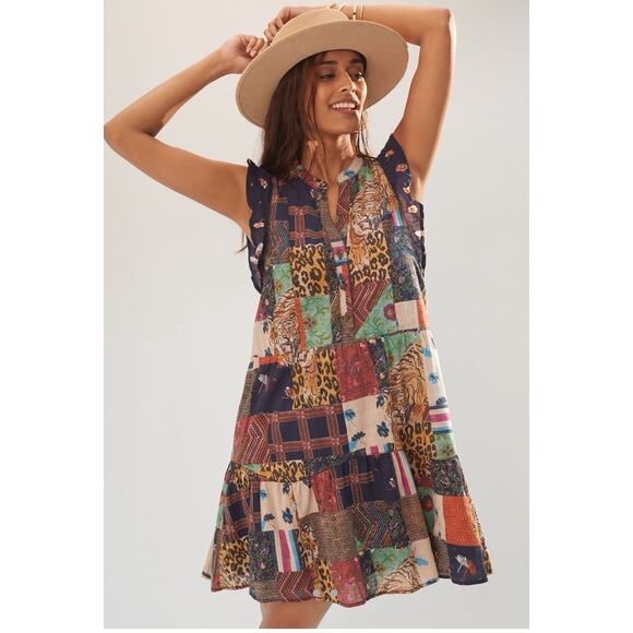 Anthropologie Pilcro Women’s Patchwork Mini Dress Sz L Bohemian Tiger Colorful - Picture 1 of 10